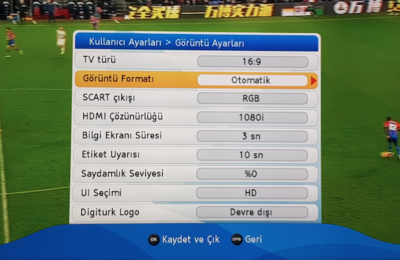 Digiturk görüntü ayarları menüsünde 1080i HDMI çözünürlük seçimi.