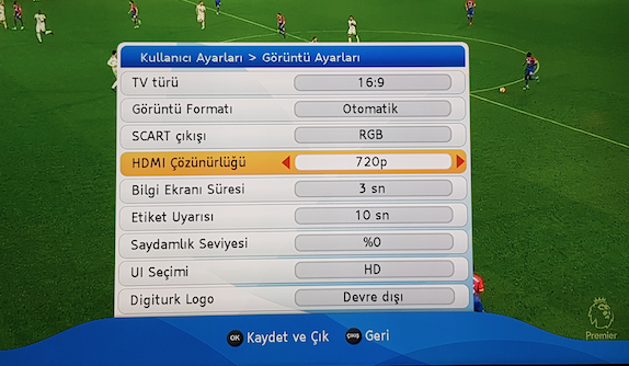 Digiturk görüntü ayarları menüsünde