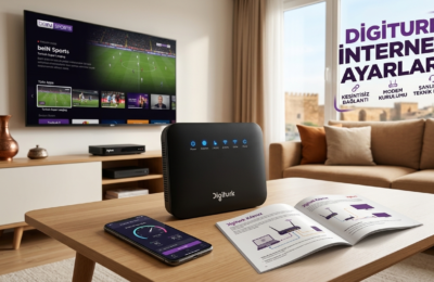 Digiturk modem ve internet ayarları rehberi görseli: Sehpa üzerinde Digiturk modemi, kurulum kılavuzu ve arka planda TV'de beIN SPORTS yayını.