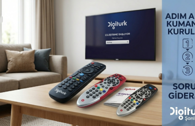 "Digiturk kumanda eşleştirme rehberi görseli. Bir sehpa üzerinde 4K, Humax ve Pace modellerine ait üç farklı Digiturk uzaktan kumandası, bir kılavuz kitapçığı ve piller. Arka planda duvarda asılı, Digiturk eşleştirme menüsü açık olan modern bir televizyon ve yan panelde Türkçe teknik destek metinleri."
