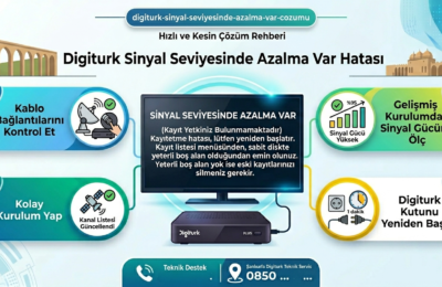 Digiturk sinyal seviyesinde azalma var hatası çözümü için adım adım teknik destek infografiği.